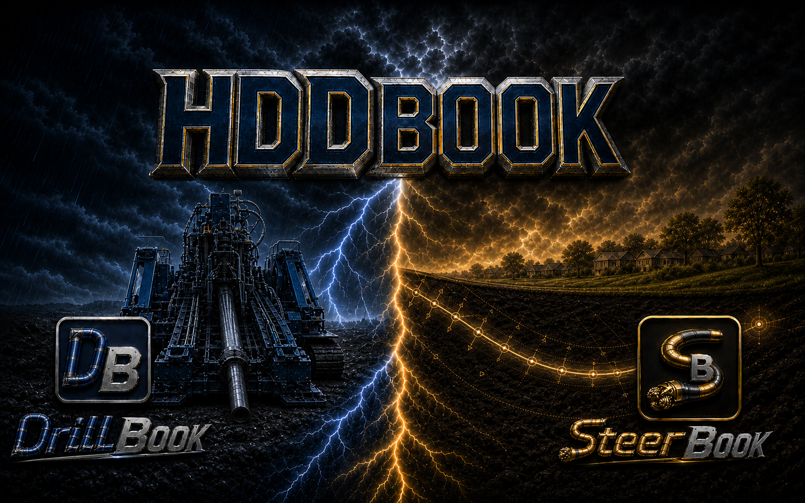 HDDBook above DrillBook and SteerBook in a storm-lit horizontal directional drilling scene