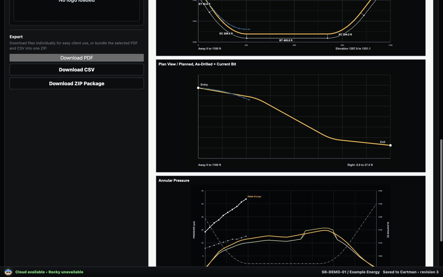 SteerBook live report preview with plan and pressure charts